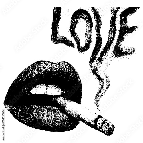Retro xerography collage of lips with cigarette smoke love text, black and white halftone engraving surreal pop art isolated on transparent background