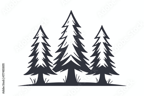 Three stylized pine trees create a simple, black and white nature scene