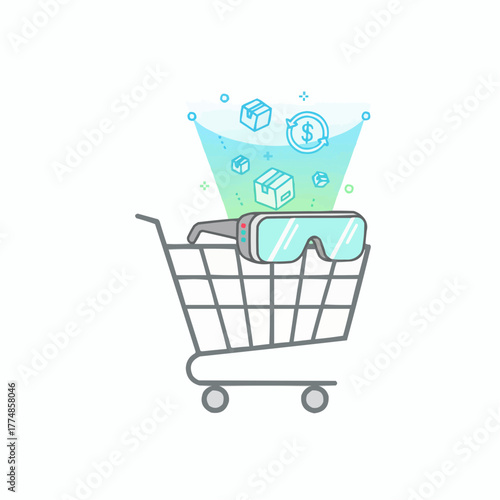 Vr headset in shopping cart with boxes and money symbol above it icon