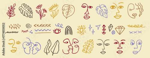 line tribal woman abstract art portrait set. Outline trendy contemporary elements with flowers, shapes, female faces, leaves. modern Ink painting style. aesthetic concept
