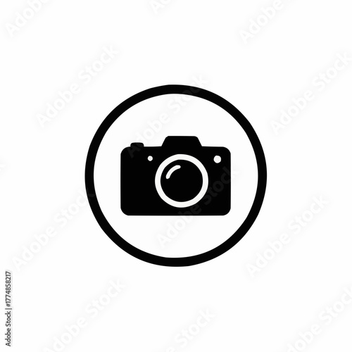 Black camera icon inside a circle on a white background simple design image