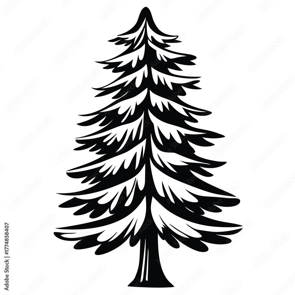 Fototapeta premium The stylized showcases a striking coniferous tree rendered in solid black on white