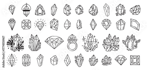 Mystical crystals or diamonds isolated clipart bundle set. Magic crystals hand drawn, crystals doodle, line gem stones isolated items on white esoteric