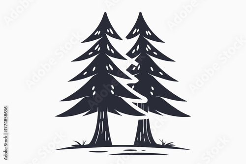 Two bold stylized evergreen trees stand closely together in the forest scene