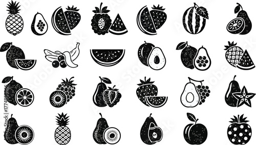 Set of black and white flower and fruit vector silhouettes and icons with fresh berry, apple, pineapple, and lemon drawing illustration