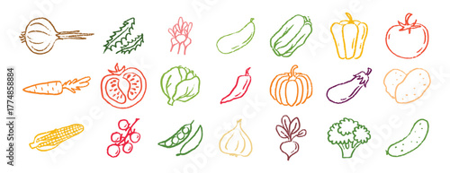 Vegetables icons chalk hand drawn doodle set. Drawing crayon vegetables 