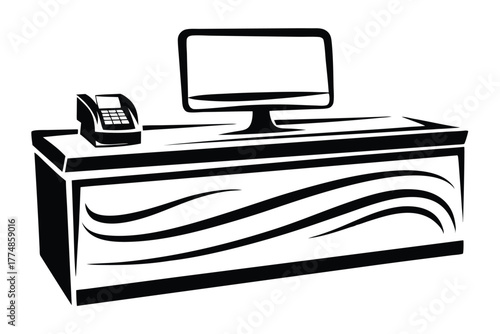 Isolated monochrome desk shows telephone and desktop computer icon, simple and modern