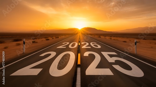 Road to 2026 with sunrise on horizon symbolizing future goals, new opportunities, 