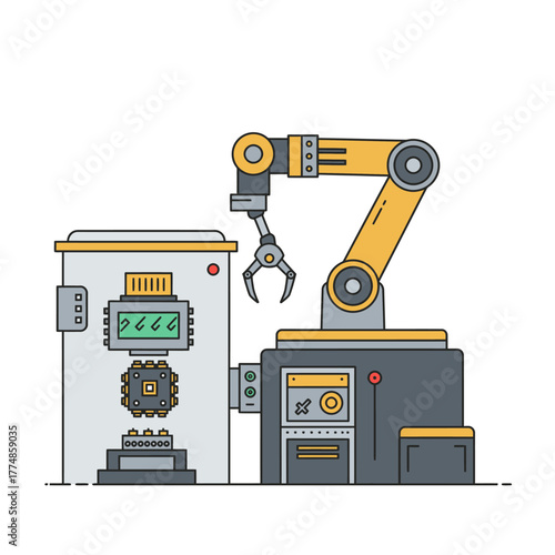 A modern robotic arm precisely places a microchip onto a circuit board within an automated manufacturing system, symbolizing industrial technology and innovation.