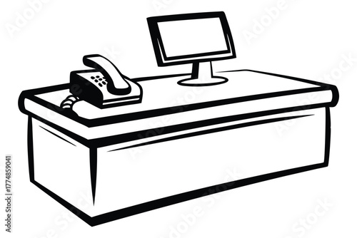 Isolated monochrome desk shows telephone and desktop computer icon, simple and modern