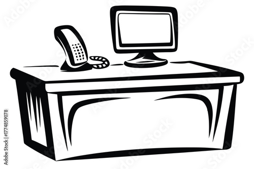 Isolated monochrome desk shows telephone and desktop computer icon, simple and modern