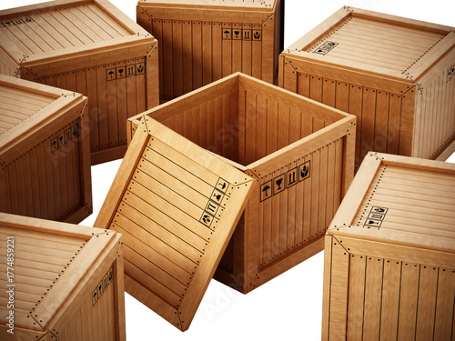 Group of transport crates with one open crate at the center isolated on transparent background. 3D illustration