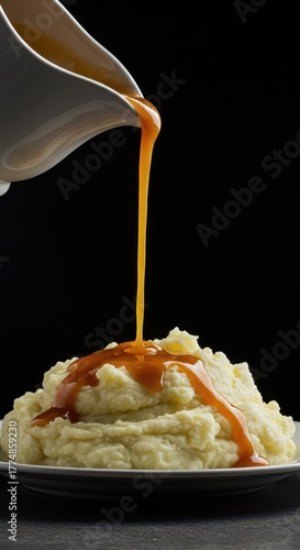A rich brown gravy being poured dramatically over a mountain of creamy mashed potatoes during a festive holiday family feast, seasonal, brown, dinner