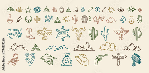 Wild west cowboy doodle icon set. Hand drawn boho signs collection. Aztec southwestern elements set.