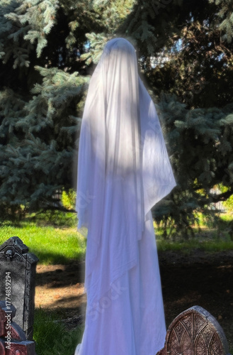 Halloween ghost in a sheet at graveyard.