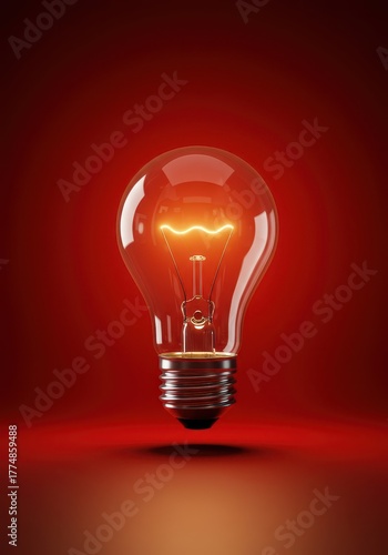 Bright glowing lightbulb symbolizing a new idea or inspiration against a striking vibrant red background ,illuminated ,breakthrough ,simple
