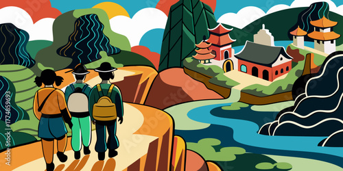 Neo-Traditional Travel Scene with Ink Textures. Modern digital accents.