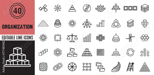 Set of organization and management linear icons, featuring hierarchy, teamwork, leadership, workflow, structure, and process symbols. Ideal for business, corporate, and web design. Editable stroke.