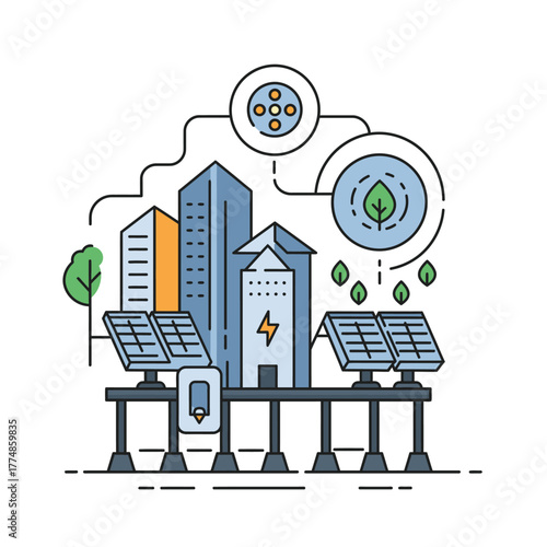Modern city architecture powered by renewable solar solutions, illustrating sustainable urban development, green technology, and ecological responsibility.