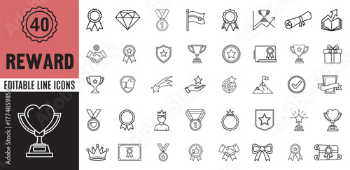 Reward, trophy, and success icon collection in linear design. Includes medal, certificate, award, winner, celebration, and recognition concepts. Perfect for business and education themes.