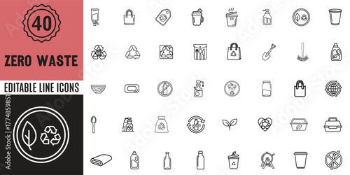 Eco-friendly and sustainability linear icon collection. Includes recycling, organic, reusable, compost, and green lifestyle symbols. Ideal for environment and zero waste projects.