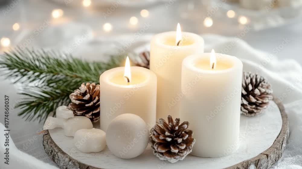 Elegant minimalist Christmas hygge layout with candles and pinecones. White background design for stylish seasonal projects and modern holiday aesthetics.