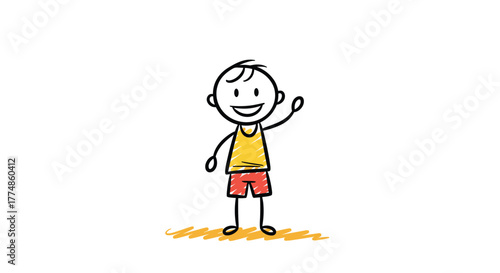 A cheerful, hand-drawn stick figure boy with a big smile waves a friendly hello, wearing a yellow tank top and red shorts on a white background.