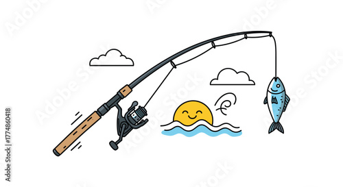 A cartoon illustration of a fishing rod with a caught fish, set against a backdrop of a smiling sun over waves and fluffy clouds, symbolizing a successful and pleasant day of fishing.