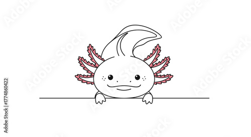 A cute cartoon axolotl character with vibrant pink gills peeking over a horizontal line, smiling sweetly with small freckles on a clean white background.