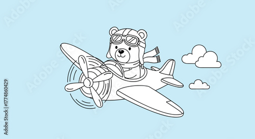 A cheerful cartoon bear pilot in a classic airplane with a spinning propeller soars through a light blue sky with white clouds, ready for adventure.