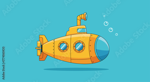 A cheerful yellow submarine with a periscope and portholes navigates the deep blue ocean, creating a whimsical and adventurous cartoon illustration.
