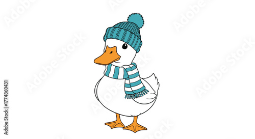 A charming cartoon white duck dressed in a warm blue knitted hat and a striped scarf, ready for winter weather on a clean white background.