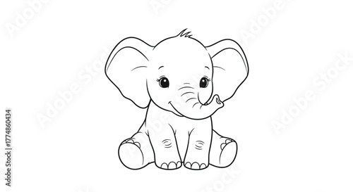 A charming black and white line drawing of a cute baby elephant sitting happily, perfect for children's coloring books or simple illustrations.