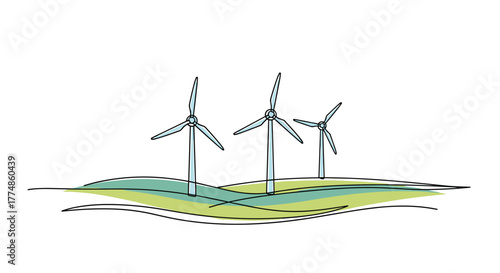 A minimalist illustration features three tall wind turbines standing on rolling green hills, symbolizing clean, renewable energy and sustainable development.