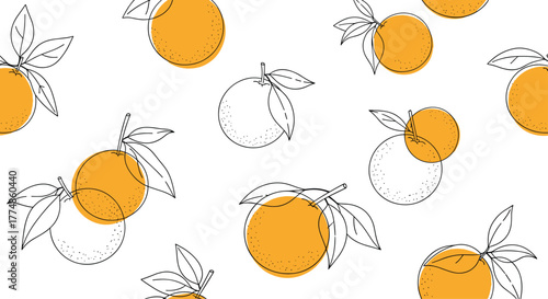 Vibrant hand-drawn seamless pattern of oranges and orange slices with leaves, featuring a mix of detailed outlines and solid orange fills on white.