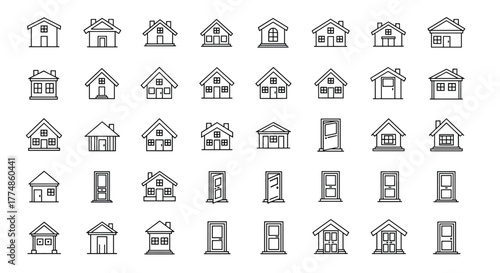 A collection of outlined house and door icons, featuring various architectural styles and designs, suitable for real estate, home, or property-related concepts.
