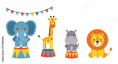 Cute cartoon circus animals including an elephant, giraffe, hippopotamus, and lion, depicted in a playful vector illustration style for children's designs.