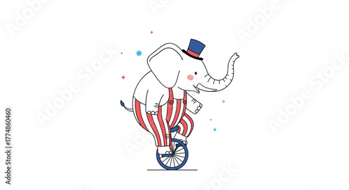 A delightful cartoon elephant, adorned in a blue top hat and red and white striped overalls, masterfully balances on a unicycle, creating a playful and festive scene.