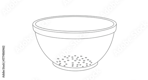 A minimalistic black and white line drawing of a kitchen colander, a perforated bowl-shaped utensil with a small base, ideal for draining liquids from food.