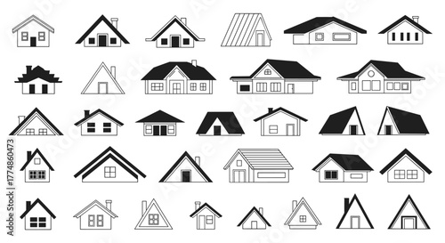 A collection of various house icons, showcasing different architectural styles and roof designs, suitable for real estate or home-related projects.