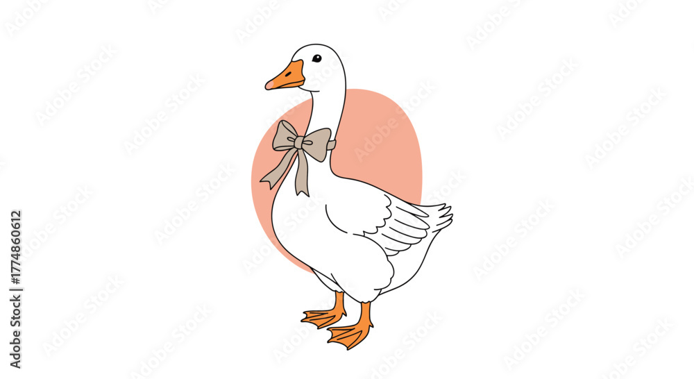 Fototapeta premium A charming white cartoon goose with an elegant tan bow tied around its neck, standing gracefully against a soft peach background in a delightful, simple illustration.