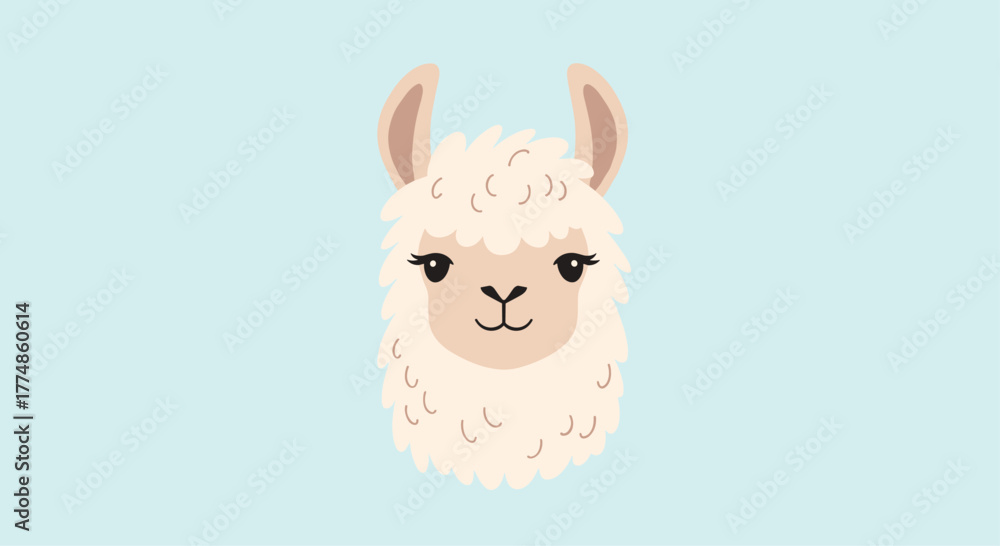 Naklejka premium A charming and friendly cartoon llama headshot with fluffy white fur, expressive dark eyes, and a sweet smile, rendered in a simple, whimsical style against a light blue backdrop.