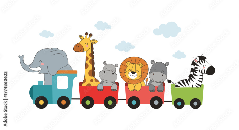 Fototapeta premium A whimsical cartoon illustration showcases a parade of adorable safari animals, including an elephant, giraffe, hippos, lion, and zebra, happily riding in a colorful train.