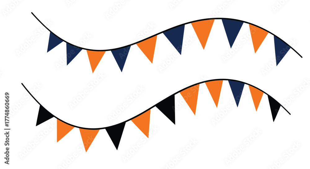 Fototapeta premium Two wavy strings of festive triangular flags, one alternating dark blue and orange, and the other black and orange, creating a simple party decoration.