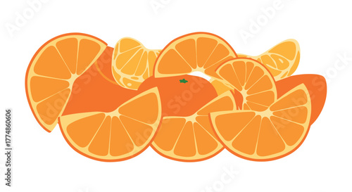 A vibrant, appetizing illustration of a collection of fresh, ripe oranges, featuring whole fruits, perfectly cut slices, and peeled segments, artfully arranged on a clean white background.