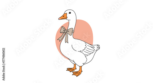 A charming white cartoon goose with an elegant tan bow tied around its neck, standing gracefully against a soft peach background in a delightful, simple illustration.
