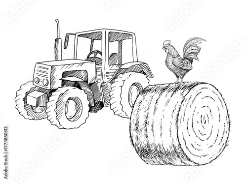 Tractor and rooster on a haystack. Vector ink styled handmade illustration. For packaging design, cards, cover, prints, product labels and fabric.