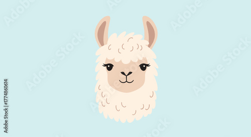 A charming and friendly cartoon llama headshot with fluffy white fur, expressive dark eyes, and a sweet smile, rendered in a simple, whimsical style against a light blue backdrop.
