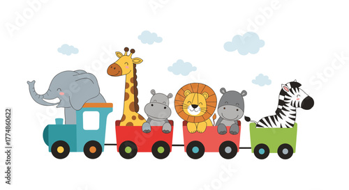 A whimsical cartoon illustration showcases a parade of adorable safari animals, including an elephant, giraffe, hippos, lion, and zebra, happily riding in a colorful train.