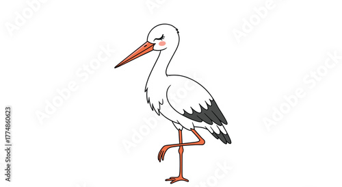 A cute cartoon white stork with black-tipped wings, an orange beak and legs, standing on one leg with closed eyes and blushing cheeks.
